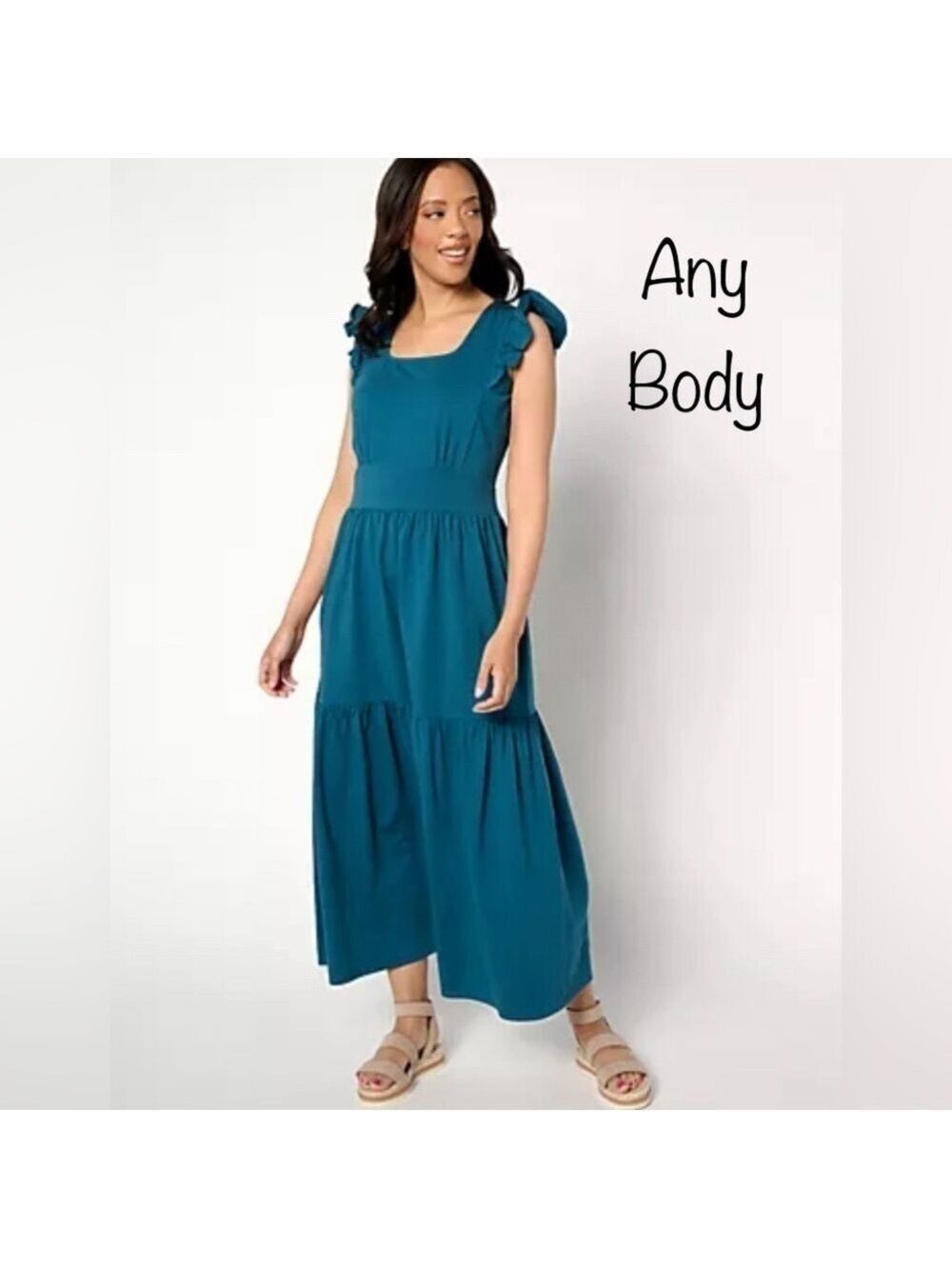AnyBody Cottagecore Knit Buttery SOFT Cozy Jersey Boho Maxi Dress Deep Teal XS